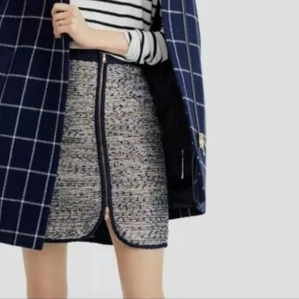 J. Crew Navy Blue Metallic Tweed Front Zip Mini Pencil Skirt
